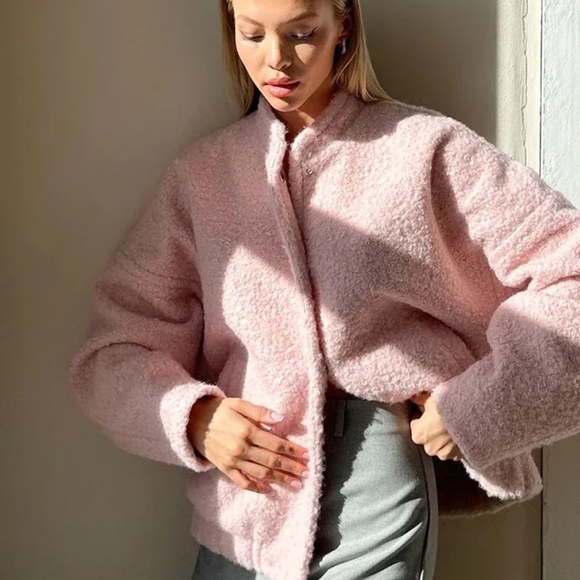 Pink Short Fur Jacket Coat For Women Autumn Winter Casual Stand Collar - Picture 2 of 9